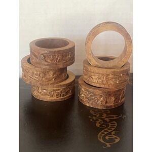 Vintage MCM Carved Wood Napkin Rings Set of 6 Brown Flowers Boho Decor‎ Tiki